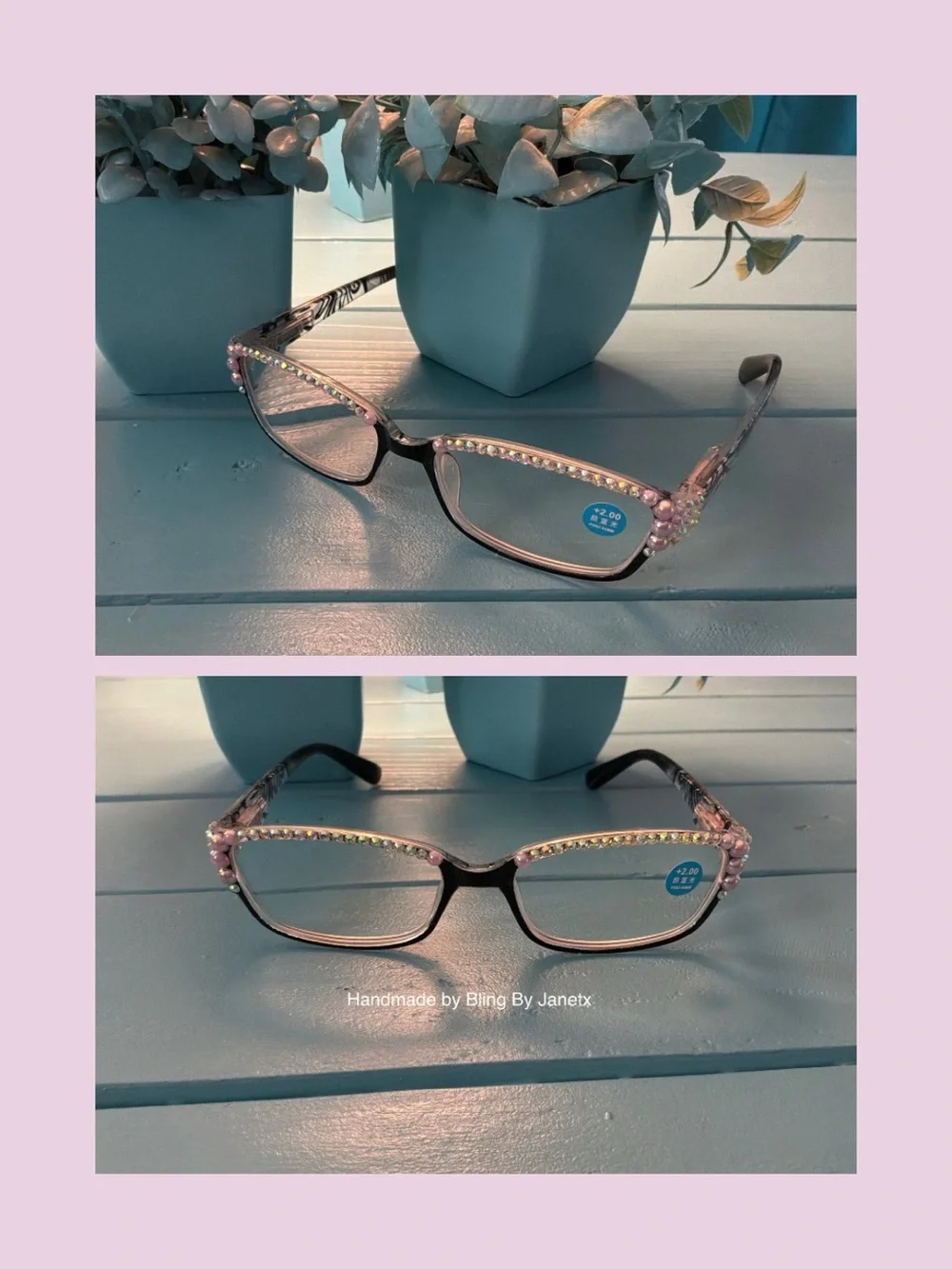 Handmade Pink Pearl Rhinestone Reading Glasses (+2.00)